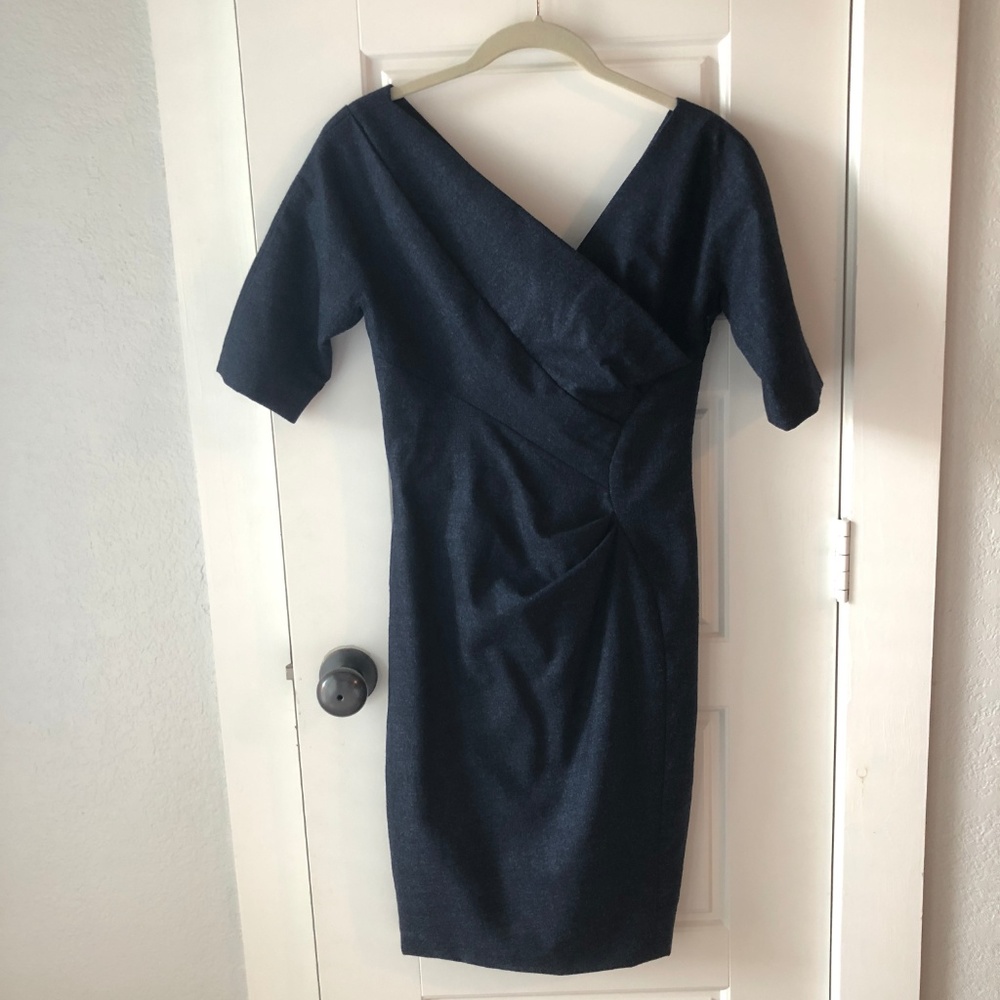 Lela Rose Navy Side-Ruched Elbow Sleeve Wool Dress - Picture 3 of 4